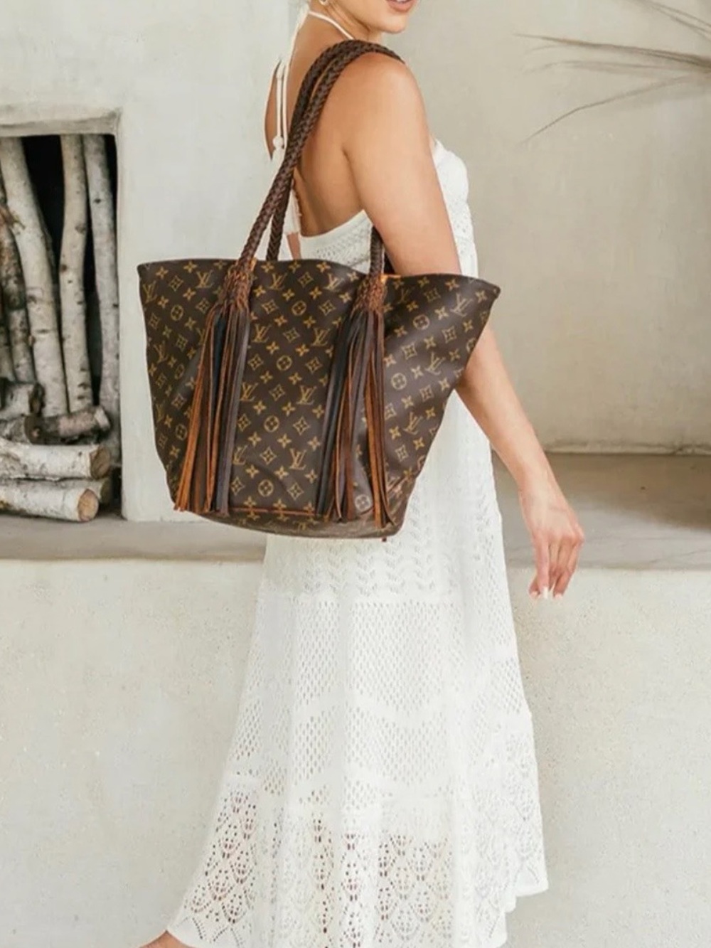 Louis Vuitton Vintage Hobo Mykonos Brown Monogram Braided Tote with Tassels